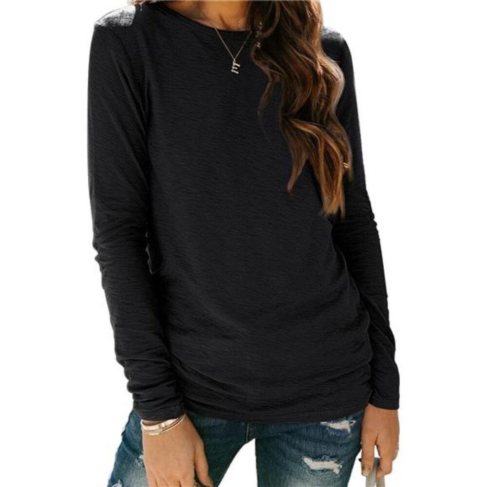 New Women's Long Sleeve Round Neck Basic Tee - Fall Outfit Tops & Clothes ,Black